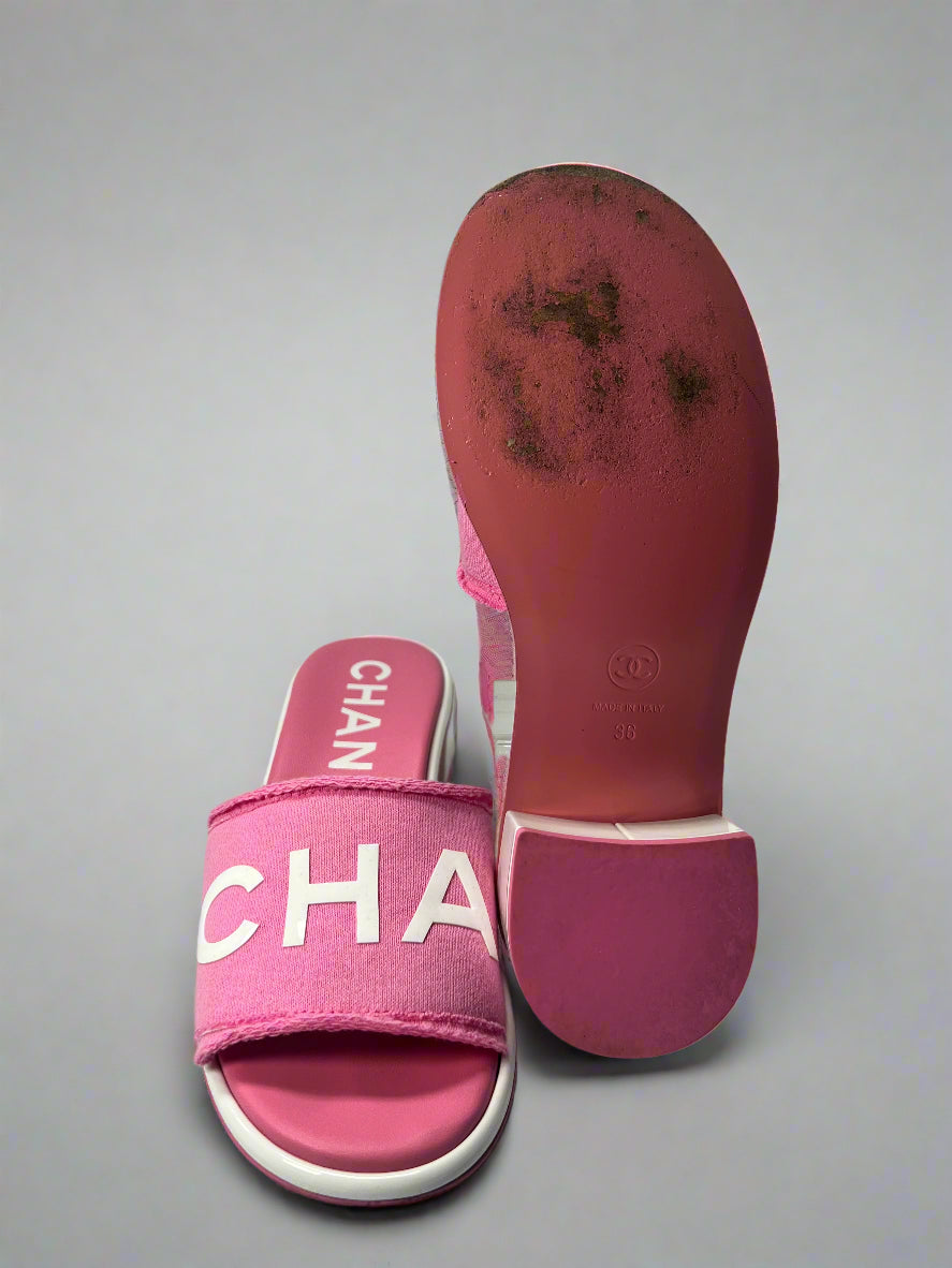 Chanel Cotton Logo Mule Sandals – Pink & White 37