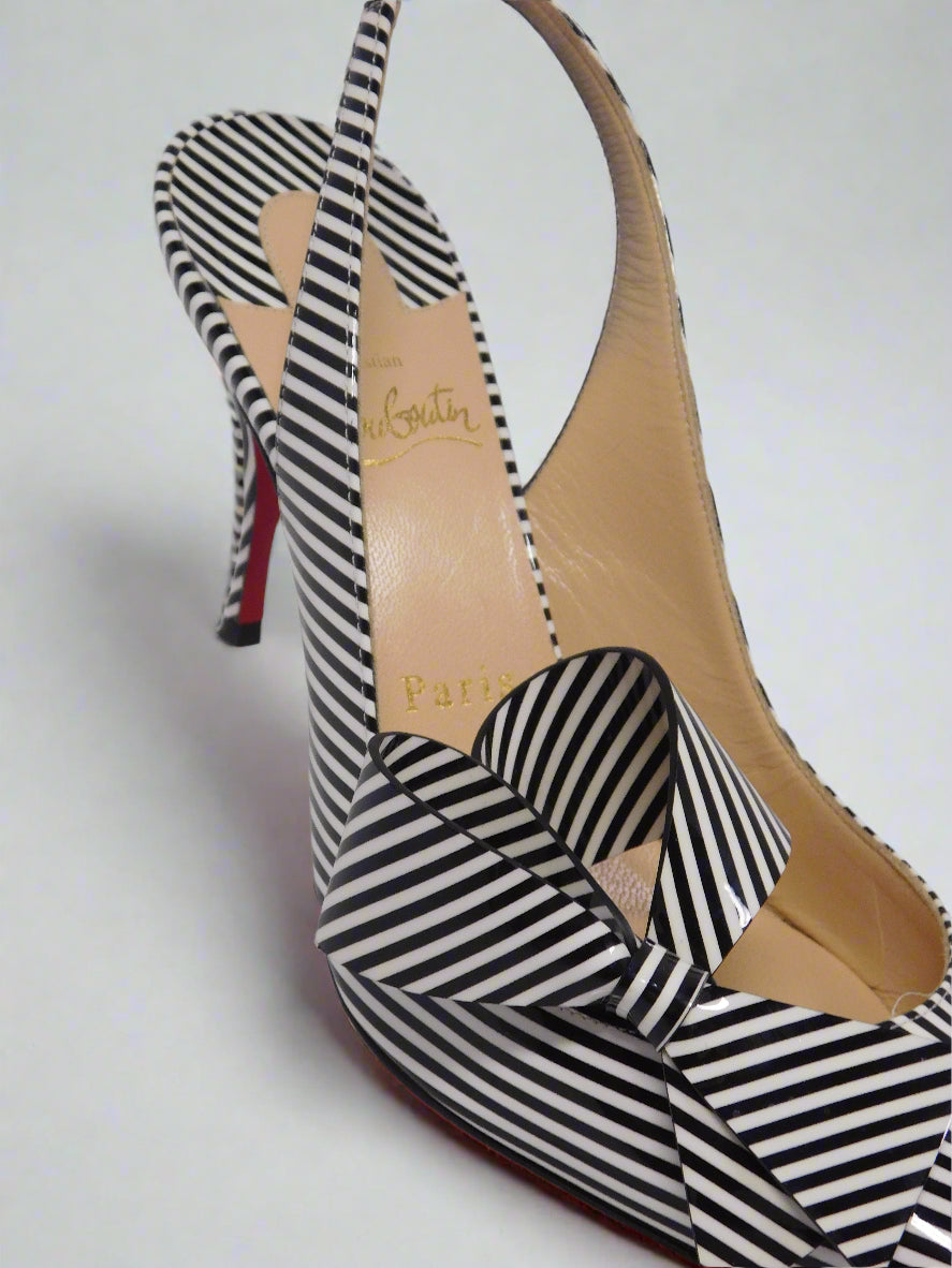 Christian Louboutin Clare Nodo 80 Patent Striped Pumps – Black & White (Size 38)