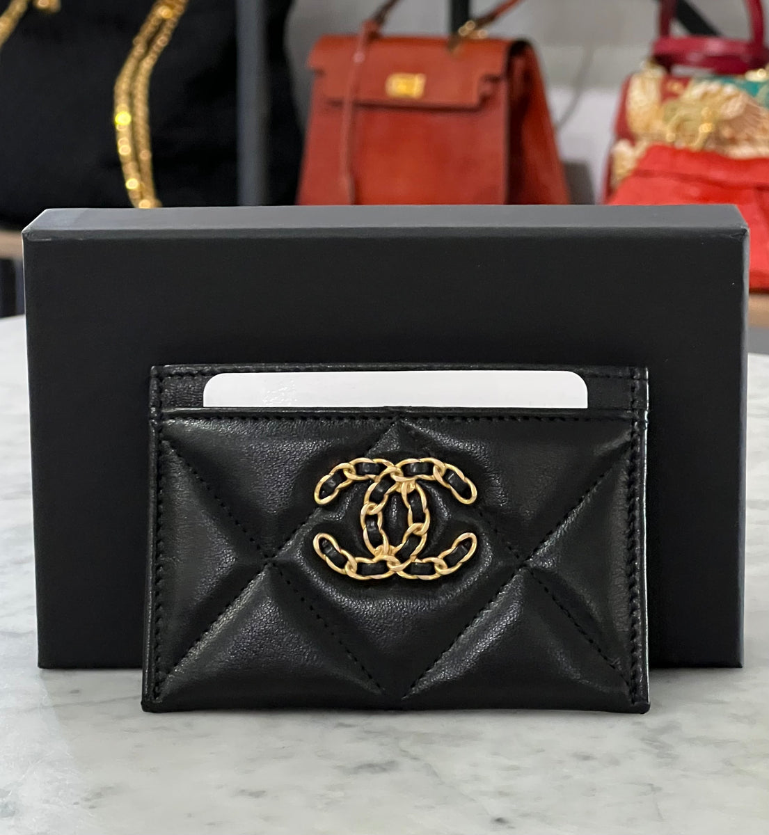 Chanel 19 Card Holder Quilted Leather Gold Auction