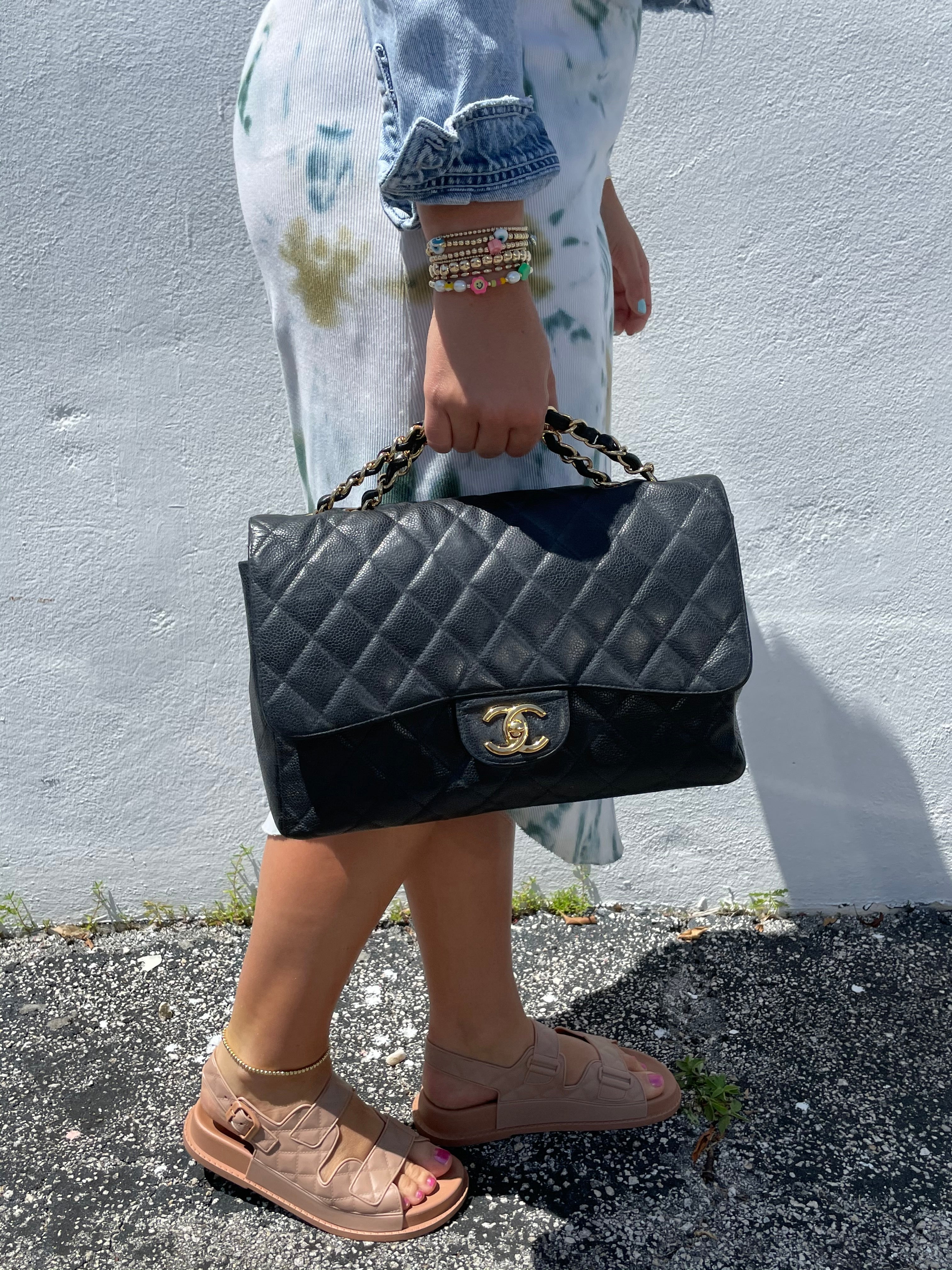 Outfit with Black Chanel Caviar Classic Jumbo Flap Bag