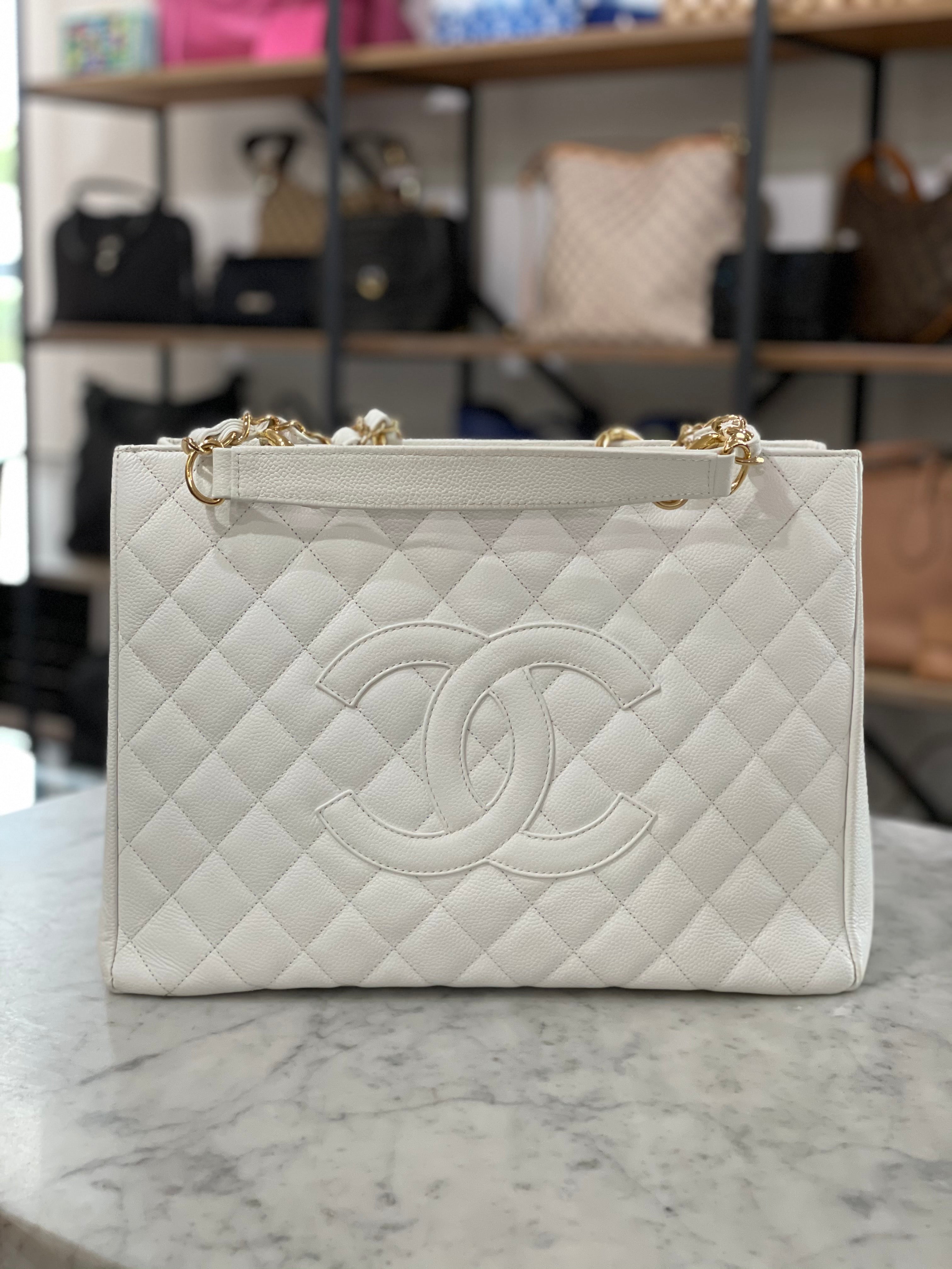 Vintage Chanel CC Chain Shopping Tote Bag White Caviar Gold Hardware –  Madison Avenue Couture